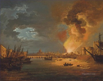 A capriccio of London with the burning of the Custom House 1814 by William Sadler warships Oil Paintings